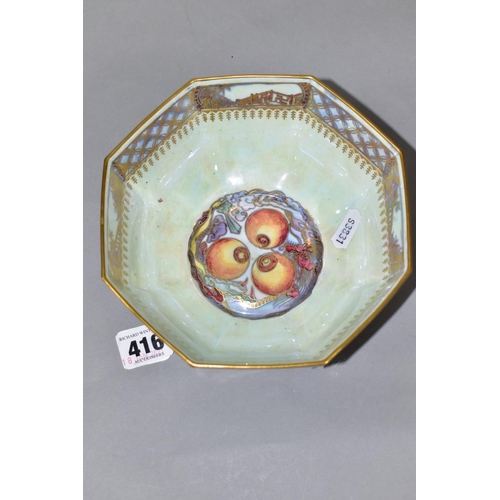 416 - A WEDGWOOD OCTAGONAL DRAGON LUSTRE BOWL, pattern no Z4820, the exterior with gilt dragons on a mottl... 