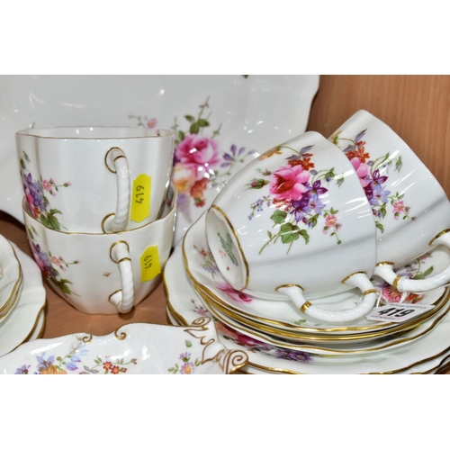 419 - A ROYAL CROWN DERBY POSIES PATTERN PART TEA SET, etc, comprising six cups, five saucers, six tea pla... 