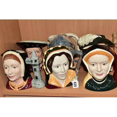 420 - SIX LARGE ROYAL DOULTON CHARACTER JUGS, comprising Henry VIII D6642, Catherine of Aragon D6643, Cath... 