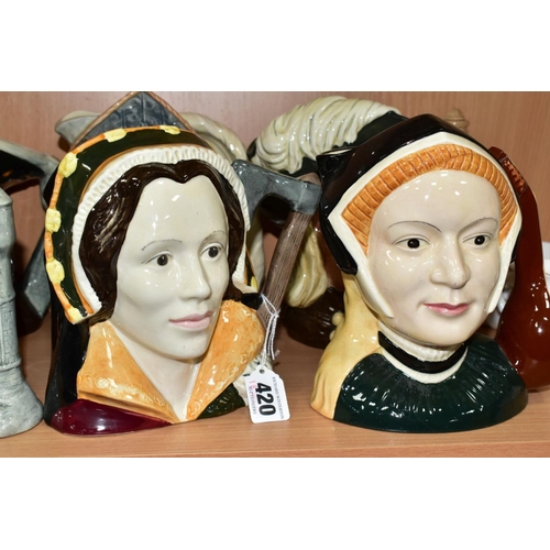 420 - SIX LARGE ROYAL DOULTON CHARACTER JUGS, comprising Henry VIII D6642, Catherine of Aragon D6643, Cath... 