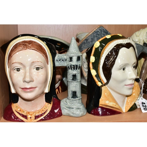 420 - SIX LARGE ROYAL DOULTON CHARACTER JUGS, comprising Henry VIII D6642, Catherine of Aragon D6643, Cath... 