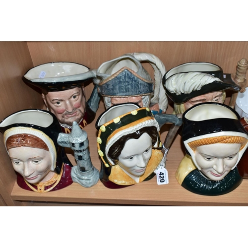 420 - SIX LARGE ROYAL DOULTON CHARACTER JUGS, comprising Henry VIII D6642, Catherine of Aragon D6643, Cath... 