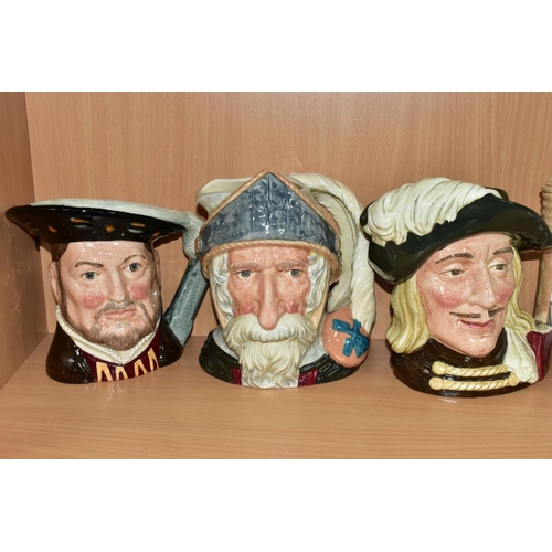 420 - SIX LARGE ROYAL DOULTON CHARACTER JUGS, comprising Henry VIII D6642, Catherine of Aragon D6643, Cath... 