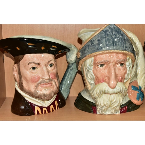 420 - SIX LARGE ROYAL DOULTON CHARACTER JUGS, comprising Henry VIII D6642, Catherine of Aragon D6643, Cath... 