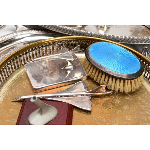 43 - A BOX OF METALWARE, to include a large white metal oval tray, silver plated trays, a 'Mappin and Web... 