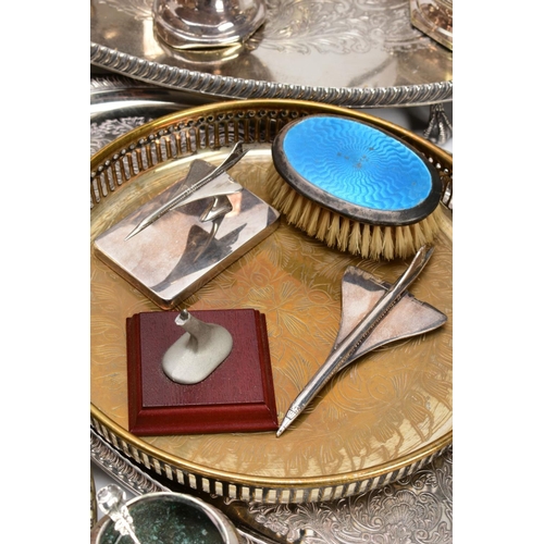 43 - A BOX OF METALWARE, to include a large white metal oval tray, silver plated trays, a 'Mappin and Web... 