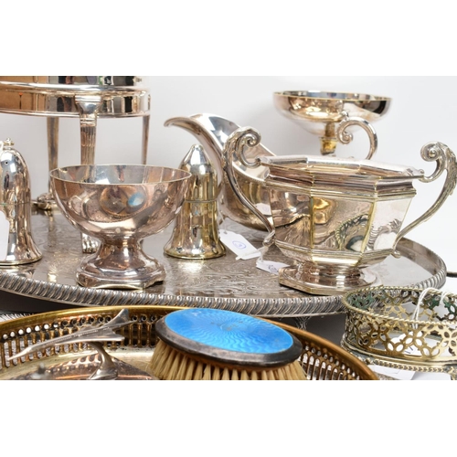 43 - A BOX OF METALWARE, to include a large white metal oval tray, silver plated trays, a 'Mappin and Web... 