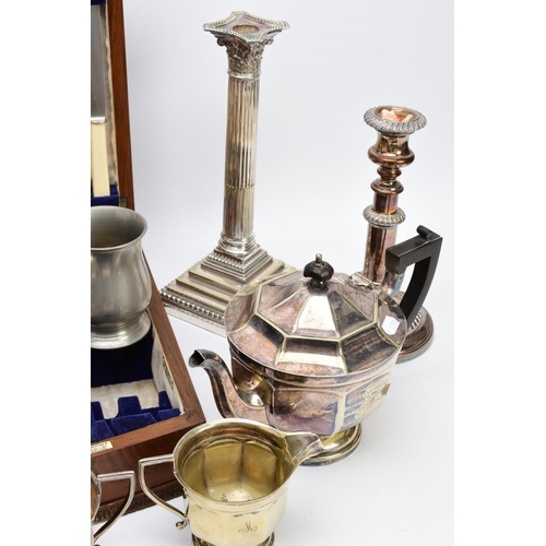 45 - A SELECTION OF METALWARE, to include a three piece EPNS tea service, which includes a teapot, sugar ... 