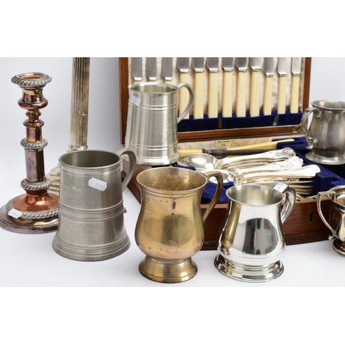 45 - A SELECTION OF METALWARE, to include a three piece EPNS tea service, which includes a teapot, sugar ... 