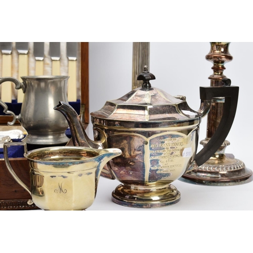 45 - A SELECTION OF METALWARE, to include a three piece EPNS tea service, which includes a teapot, sugar ... 