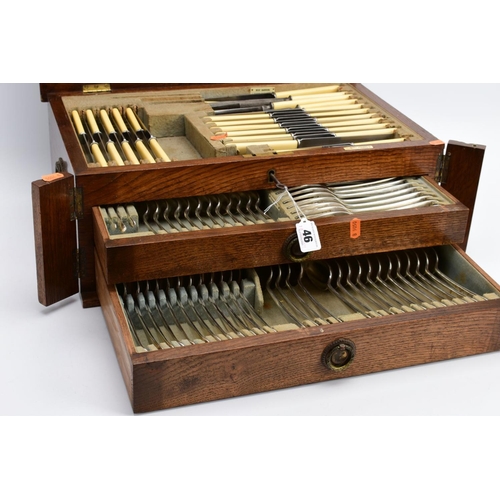 46 - A COMPLETE CANTEEN OF WALKER & HALL CUTLERY, the wooden canteen with a brass crest to the lid engrav... 