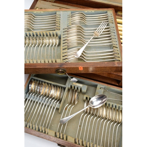 46 - A COMPLETE CANTEEN OF WALKER & HALL CUTLERY, the wooden canteen with a brass crest to the lid engrav... 