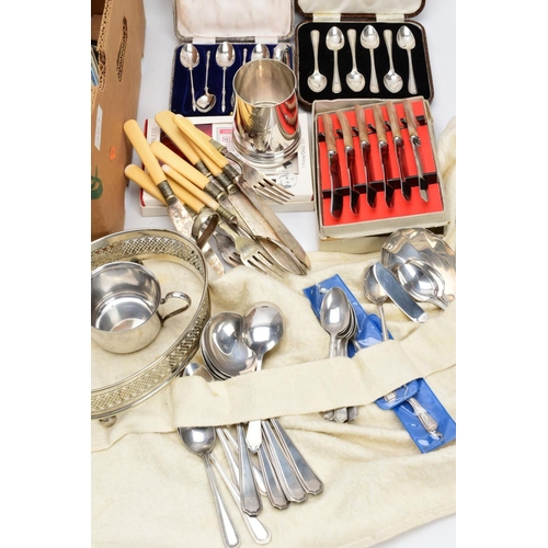 47 - A BOX OF METALWARE, to include a silver plated on copper oval foliate engraved tray, two 'Walker & H... 