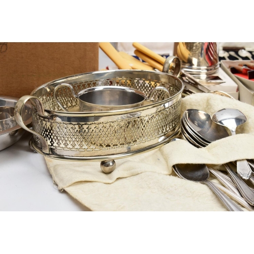47 - A BOX OF METALWARE, to include a silver plated on copper oval foliate engraved tray, two 'Walker & H... 