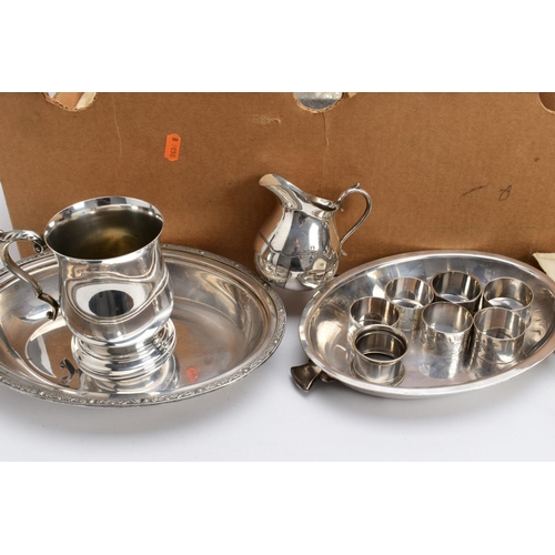 47 - A BOX OF METALWARE, to include a silver plated on copper oval foliate engraved tray, two 'Walker & H... 