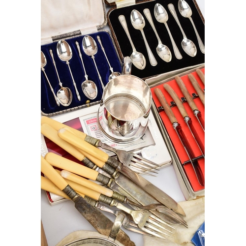 47 - A BOX OF METALWARE, to include a silver plated on copper oval foliate engraved tray, two 'Walker & H... 