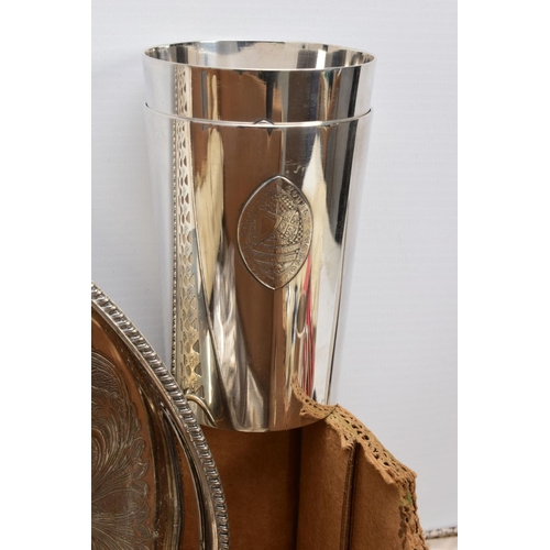 47 - A BOX OF METALWARE, to include a silver plated on copper oval foliate engraved tray, two 'Walker & H... 