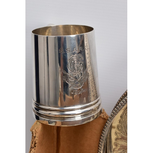 47 - A BOX OF METALWARE, to include a silver plated on copper oval foliate engraved tray, two 'Walker & H... 