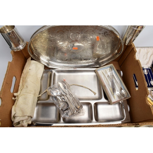 47 - A BOX OF METALWARE, to include a silver plated on copper oval foliate engraved tray, two 'Walker & H... 