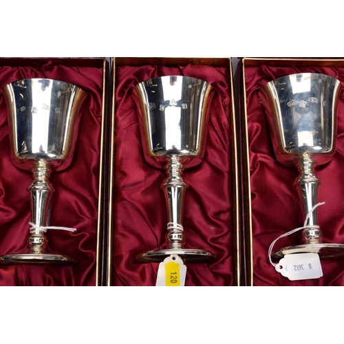 48 - A SET OF SIX BOXED ELIZABETH II SILVER GOBLETS, gilt interiors, on conical stem to a circular foot, ... 