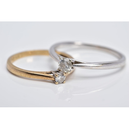 55 - TWO SINGLE STONE DIAMOND RINGS, the first a 9ct white gold ring set with a round brilliant cut diamo... 