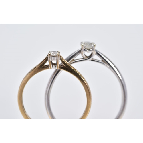 55 - TWO SINGLE STONE DIAMOND RINGS, the first a 9ct white gold ring set with a round brilliant cut diamo... 