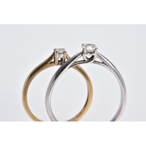 55 - TWO SINGLE STONE DIAMOND RINGS, the first a 9ct white gold ring set with a round brilliant cut diamo... 