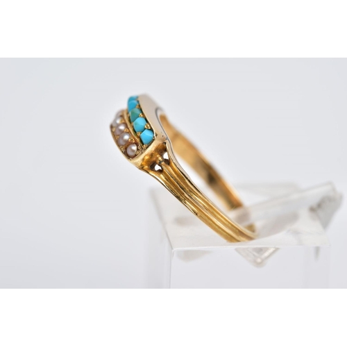 59 - A YELLOW METAL TURQUOISE AND SEED PEARL RING, designed with a raised rectangular platform set with a... 