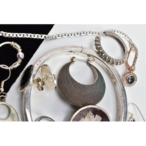 67 - A SELECTION OF WHITE METAL JEWELLERY, to include a white metal ring of heart shape set with single c... 