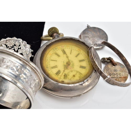 68 - A SELECTION OF ITEMS, to include a ladies Swiss silver pocket watch with white floral detailed dial,... 