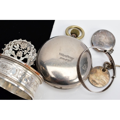 68 - A SELECTION OF ITEMS, to include a ladies Swiss silver pocket watch with white floral detailed dial,... 