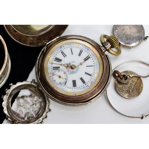 68 - A SELECTION OF ITEMS, to include a ladies Swiss silver pocket watch with white floral detailed dial,... 