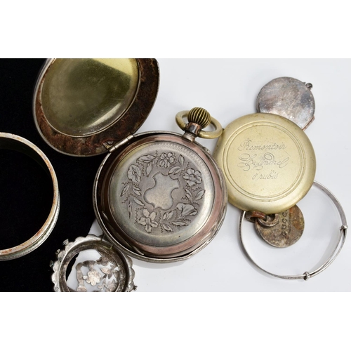 68 - A SELECTION OF ITEMS, to include a ladies Swiss silver pocket watch with white floral detailed dial,... 