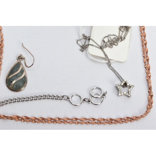 69 - A SELECTION OF JEWELLERY, to include a white metal open work star pendant necklace, the pendant set ... 