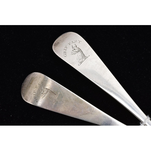 7 - TWO 'GRIP FAST' SILVER TABLESPOONS, engraved to each handle 'Grip Fast' depicting a griffin, engrave... 