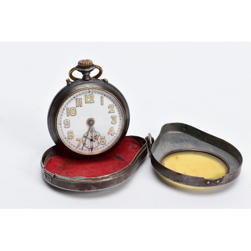 70 - AN OPENFACED POCKET WATCH, the white metal watch with white dial, Arabic numerals, openwork hands an... 