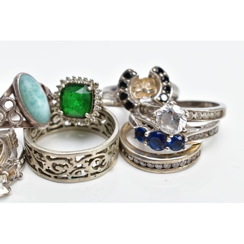 72 - A SELECTION OF WHITE METAL RINGS, to include ten rings of various designs such as a cubic zirconia s... 