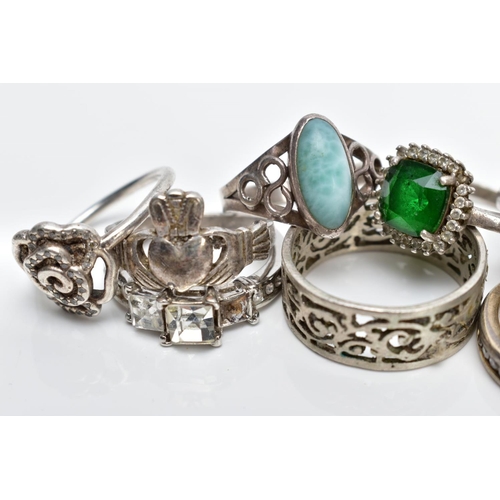 72 - A SELECTION OF WHITE METAL RINGS, to include ten rings of various designs such as a cubic zirconia s... 