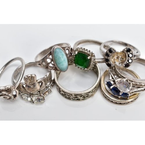 72 - A SELECTION OF WHITE METAL RINGS, to include ten rings of various designs such as a cubic zirconia s... 