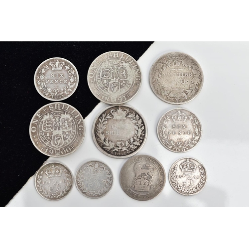 85 - A SMALL QUANTITY OF VICTORIAN COINS, to include ten coins such as four one shilling coins dated 1868... 