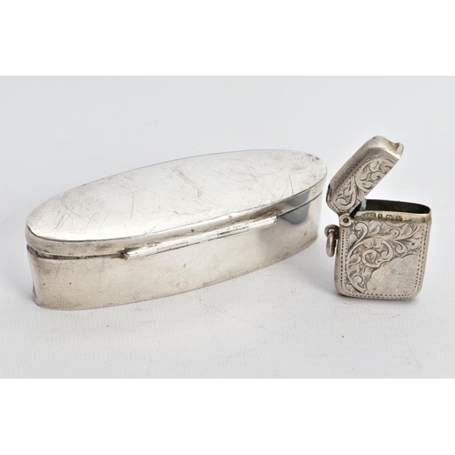 88 - A SILVER VESTA AND BOX, the vesta decorated with an engraved foliate design and vacant cartouche and... 