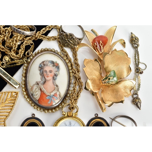 91 - AN ASSORTMENT OF JEWELLERY, to include four brooches of various designs such as an oval miniature po... 