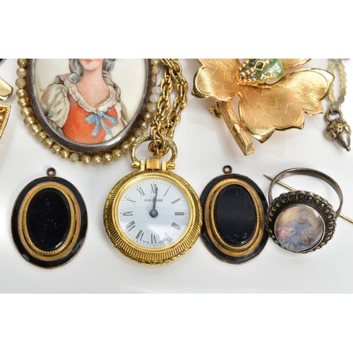 91 - AN ASSORTMENT OF JEWELLERY, to include four brooches of various designs such as an oval miniature po... 