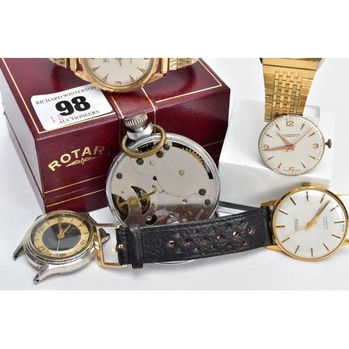 98 - A SELECTION OF WRISTWATCHES AND PARTS, to include three wristwatches such as a gents cased 'Rotary' ... 