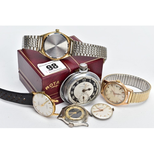 98 - A SELECTION OF WRISTWATCHES AND PARTS, to include three wristwatches such as a gents cased 'Rotary' ... 