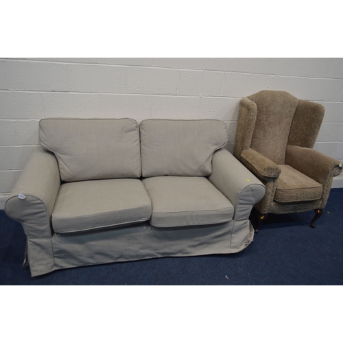 1437 - A LIGHT GREY UPHOLSTERED TWO SEATER SETTEE width 176cm together with a brown upholstered wing back a... 