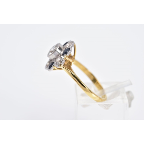 1 - A YELLOW METAL DIAMOND AND SAPPHIRE RING, designed with a central early brilliant cut diamond in a c... 