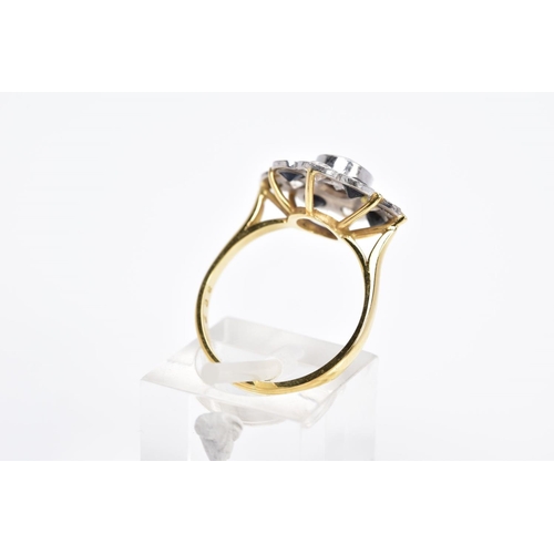 1 - A YELLOW METAL DIAMOND AND SAPPHIRE RING, designed with a central early brilliant cut diamond in a c... 