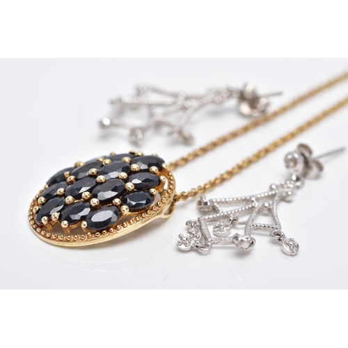 104 - A PAIR OF 9CT WHITE GOLD DROP EARRINGS AND A SILVER GILT SAPPHIRE PENDANT NECKLET, each earring set ... 