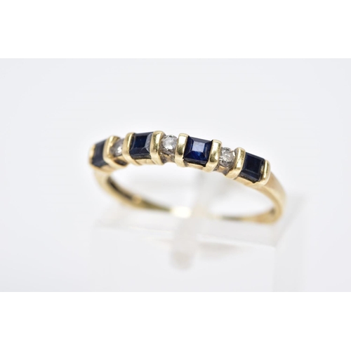 13 - A SAPPHIRE AND DIAMOND HALF HOOP RING, the yellow metal ring designed with a row of four-square cut ... 